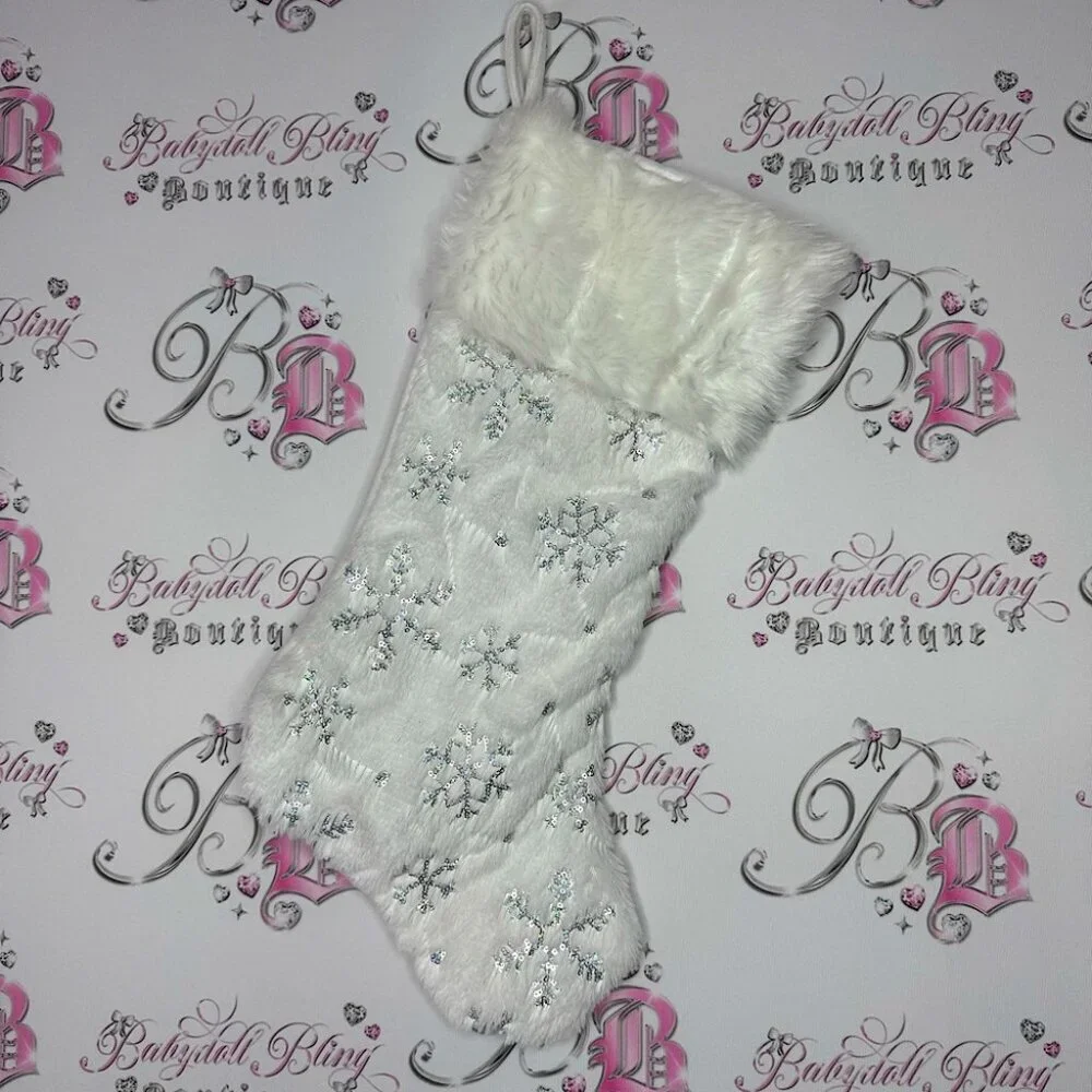 Stocking sparkly snow flakes holographic sequins furry white hanging Christmas